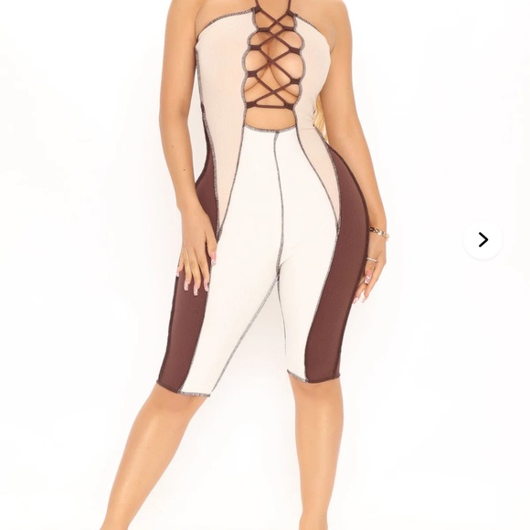 Fashion Nova Pants - Fashion Nova Brown and Cream Color Block Jumpsuit